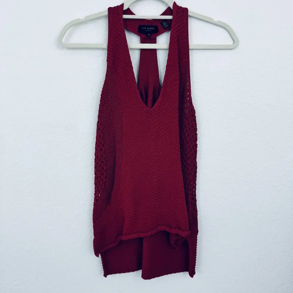 Ted Baker Womens Abrin Racerback Tank Sleeveless Sweater Size 6 Crochet Dark Red